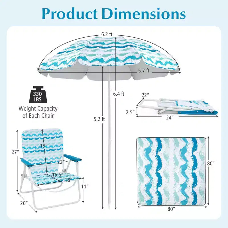 Costway Ensemble parasol de plage 4 pièces avec 2 chaises pliantes et couverture de pique-nique, mécanisme d'inclinaison bleu/rose