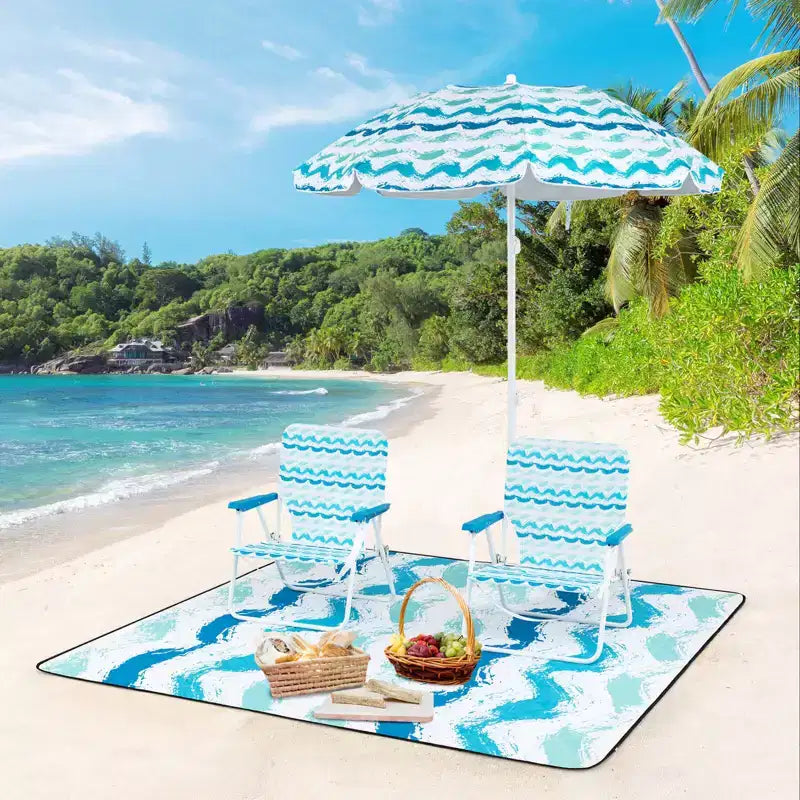 Costway Ensemble parasol de plage 4 pièces avec 2 chaises pliantes et couverture de pique-nique, mécanisme d'inclinaison bleu/rose