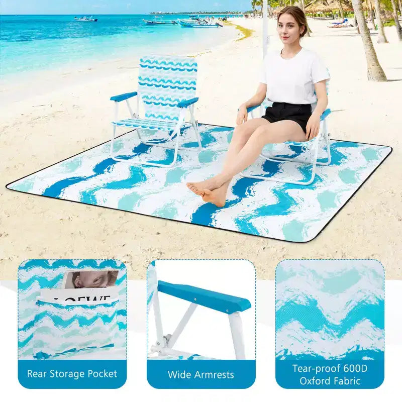 Costway Ensemble parasol de plage 4 pièces avec 2 chaises pliantes et couverture de pique-nique, mécanisme d'inclinaison bleu/rose