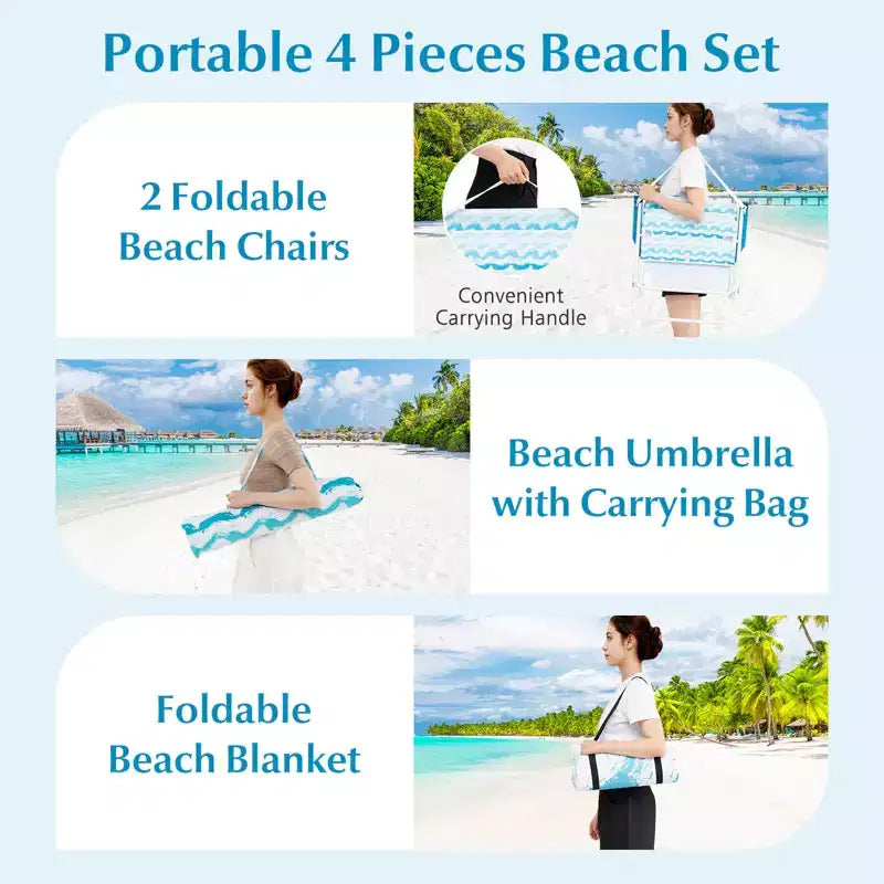 Costway Ensemble parasol de plage 4 pièces avec 2 chaises pliantes et couverture de pique-nique, mécanisme d'inclinaison bleu/rose