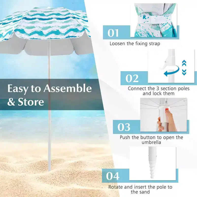 Costway Ensemble parasol de plage 4 pièces avec 2 chaises pliantes et couverture de pique-nique, mécanisme d'inclinaison bleu/rose