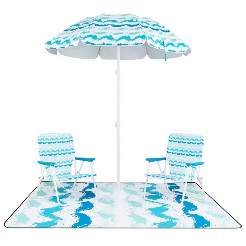 Costway 4 PCS Beach Umbrella Set with 2 Foldable Chairs & Picnic Blanket, Tilt Mechanism Blue/Pink