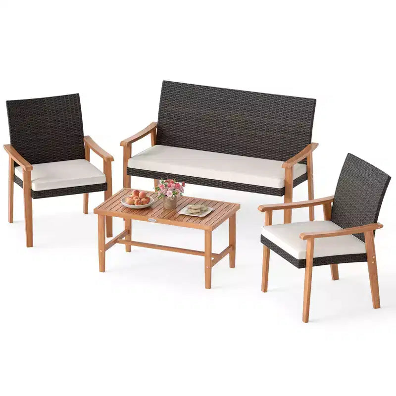Costway Salon de Jardin 4 Pièces avec Table Basse en Bois d'Acacia et Coussins Moelleux pour Jardin