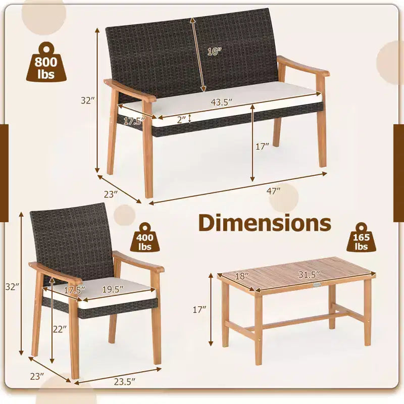 Costway Salon de Jardin 4 Pièces avec Table Basse en Bois d'Acacia et Coussins Moelleux pour Jardin