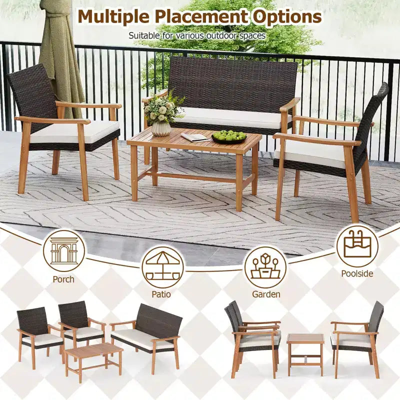 Costway Salon de Jardin 4 Pièces avec Table Basse en Bois d'Acacia et Coussins Moelleux pour Jardin