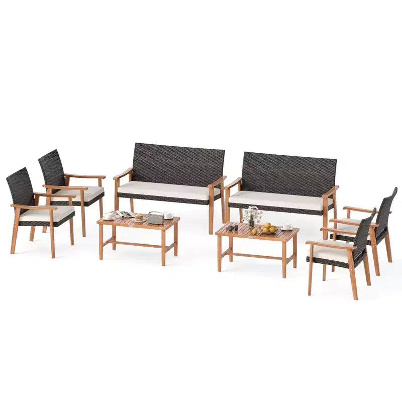 Costway Ensemble de Meubles de Jardin 8 Pièces avec Table Basse en Bois d'Acacia et Coussins Moelleux pour Jardin