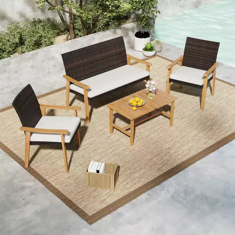 Costway Ensemble de Meubles de Jardin 8 Pièces avec Table Basse en Bois d'Acacia et Coussins Moelleux pour Jardin