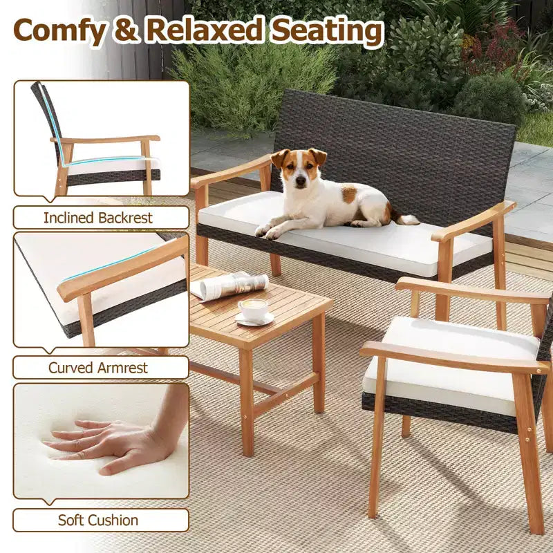 Costway Ensemble de Meubles de Jardin 8 Pièces avec Table Basse en Bois d'Acacia et Coussins Moelleux pour Jardin