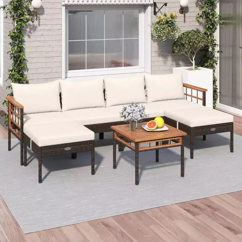 Costway 7 PCS Wicker Furniture Set with Ottomans Side Table Acacia Wood Tabletop Armrests Mix Brown + Off white