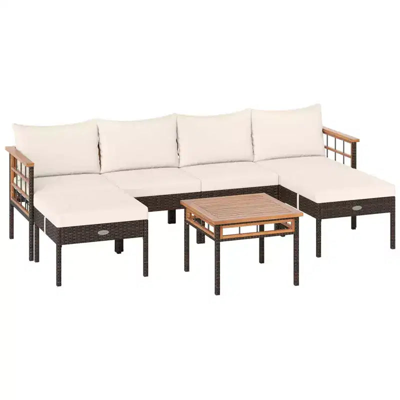 Costway Ensemble de Meubles en Rotin 7 Pièces avec Ottomans Table d'appoint Plateau de Table en Bois d'Acacia Accoudoirs Marron Mélangé + Blanc Cassé