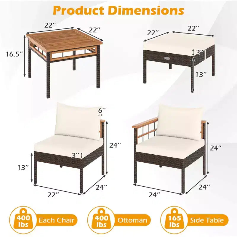 Costway Ensemble de Meubles en Rotin 7 Pièces avec Ottomans Table d'appoint Plateau de Table en Bois d'Acacia Accoudoirs Marron Mélangé + Blanc Cassé