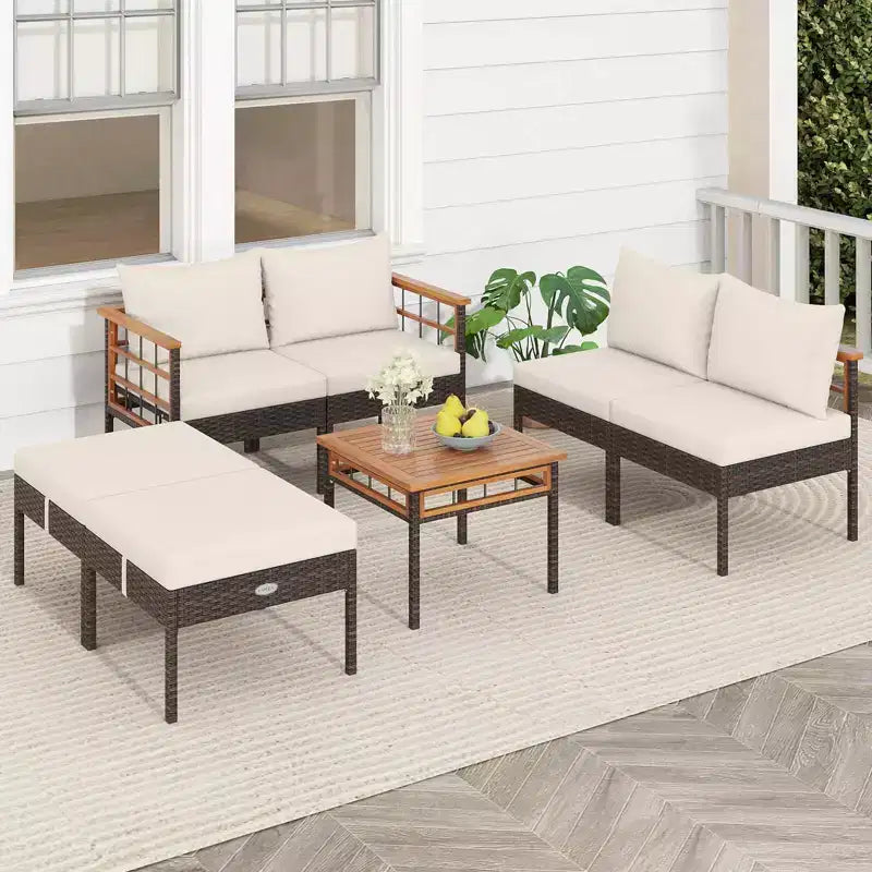 Costway Ensemble de Meubles en Rotin 7 Pièces avec Ottomans Table d'appoint Plateau de Table en Bois d'Acacia Accoudoirs Marron Mélangé + Blanc Cassé