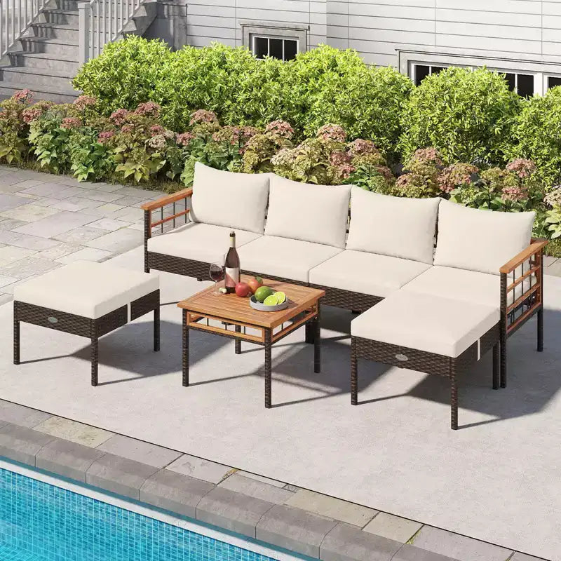 Costway Ensemble de Meubles en Rotin 7 Pièces avec Ottomans Table d'appoint Plateau de Table en Bois d'Acacia Accoudoirs Marron Mélangé + Blanc Cassé