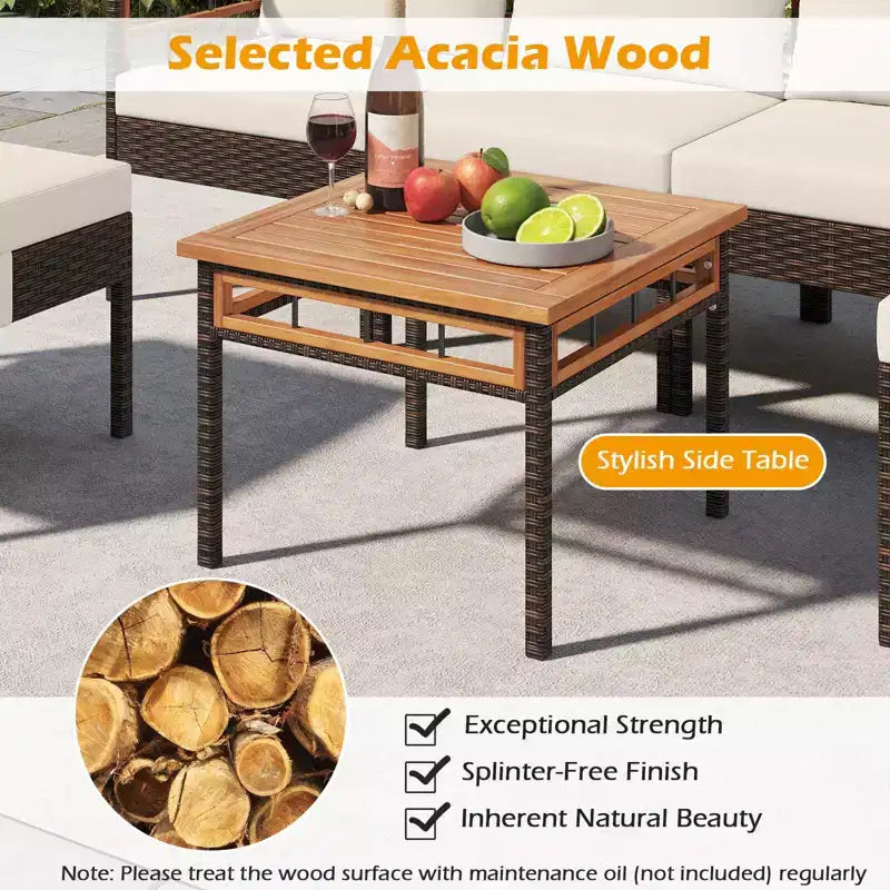 Costway Ensemble de Meubles en Rotin 7 Pièces avec Ottomans Table d'appoint Plateau de Table en Bois d'Acacia Accoudoirs Marron Mélangé + Blanc Cassé