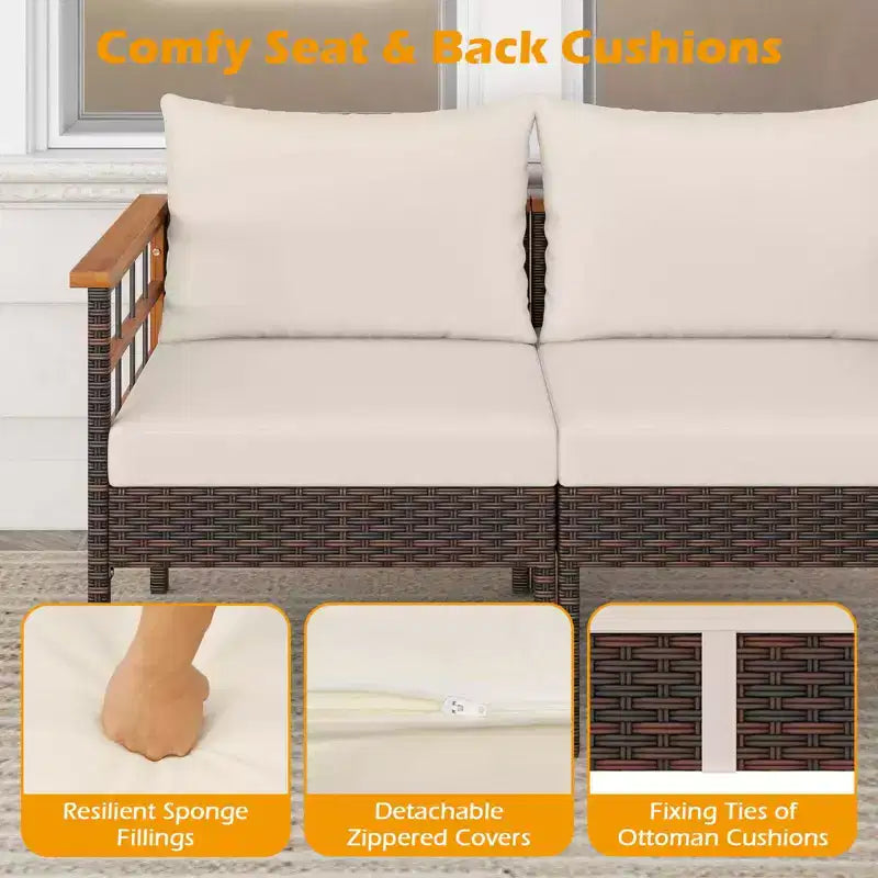 Costway Ensemble de Meubles en Rotin 7 Pièces avec Ottomans Table d'appoint Plateau de Table en Bois d'Acacia Accoudoirs Marron Mélangé + Blanc Cassé