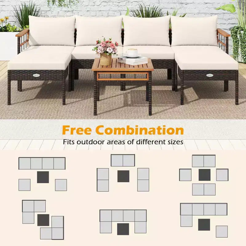 Costway Ensemble de Meubles en Rotin 7 Pièces avec Ottomans Table d'appoint Plateau de Table en Bois d'Acacia Accoudoirs Marron Mélangé + Blanc Cassé