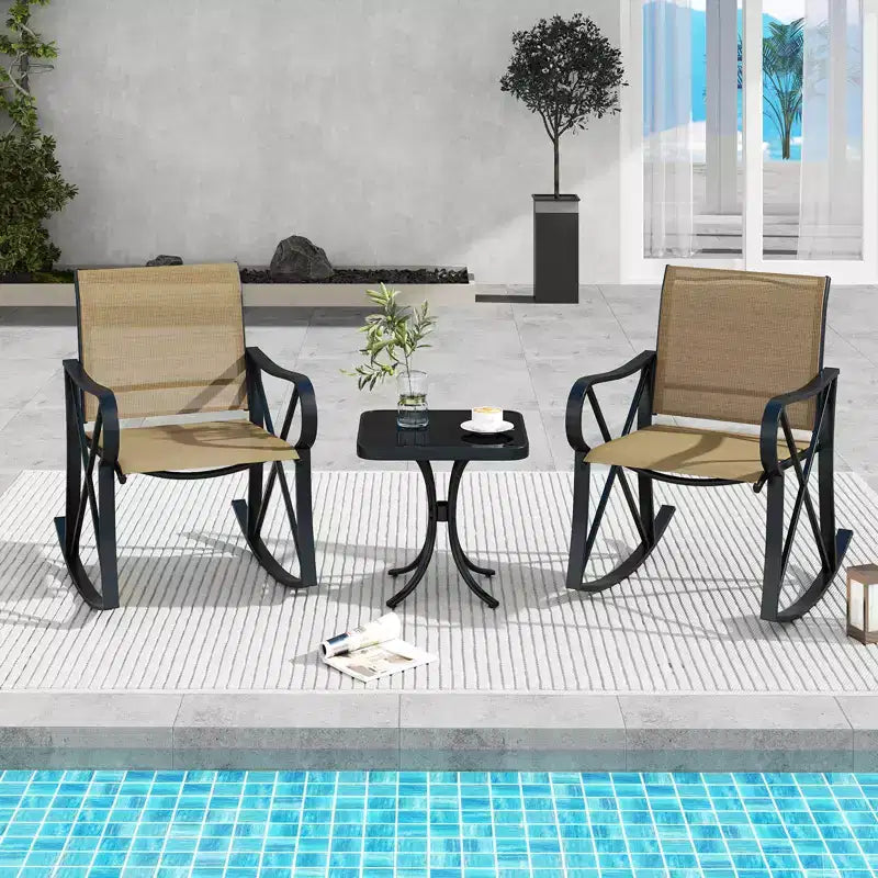 Ensemble de 3 pièces de mobilier de jardin Costway avec 2 fauteuils à bascule et 1 table d'appoint en verre trempé