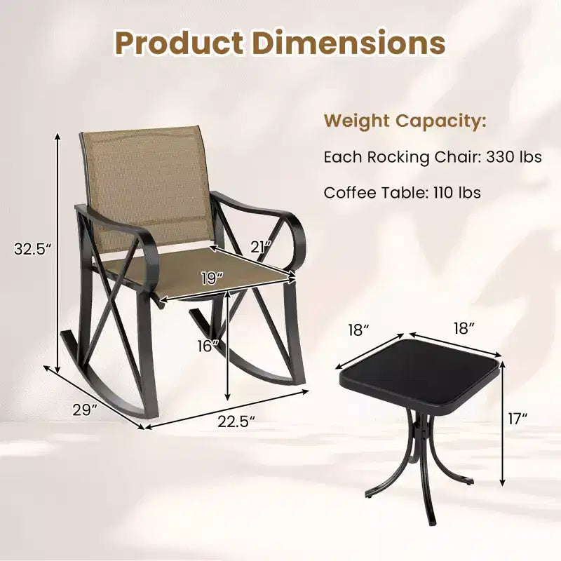 Ensemble de 3 pièces de mobilier de jardin Costway avec 2 fauteuils à bascule et 1 table d'appoint en verre trempé