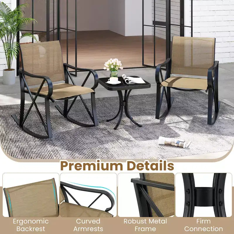 Ensemble de 3 pièces de mobilier de jardin Costway avec 2 fauteuils à bascule et 1 table d'appoint en verre trempé