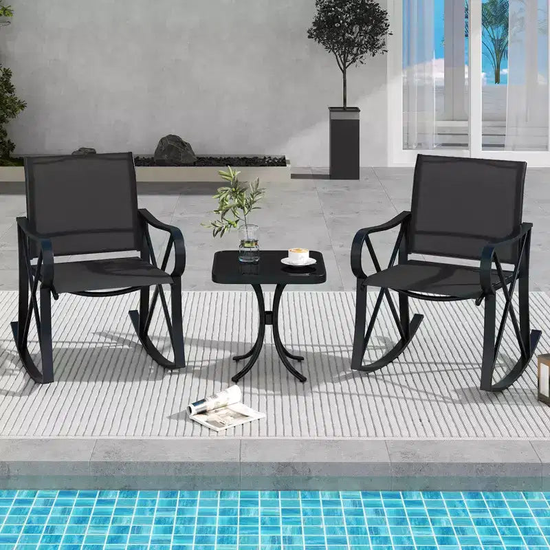 Ensemble de 3 pièces de mobilier de jardin Costway avec 2 fauteuils à bascule et 1 table d'appoint en verre trempé