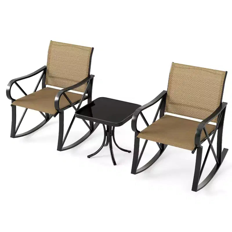 Ensemble de 3 pièces de mobilier de jardin Costway avec 2 fauteuils à bascule et 1 table d'appoint en verre trempé