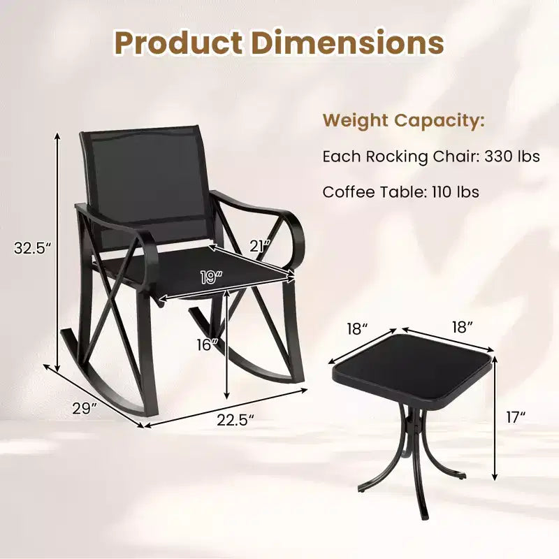 Ensemble de 3 pièces de mobilier de jardin Costway avec 2 fauteuils à bascule et 1 table d'appoint en verre trempé