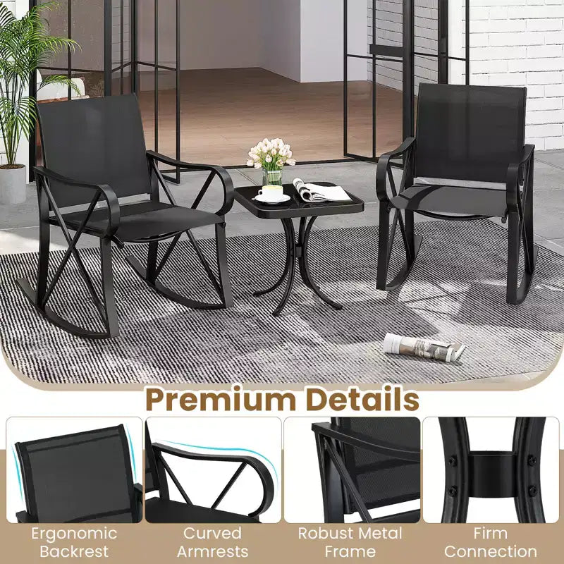 Ensemble de 3 pièces de mobilier de jardin Costway avec 2 fauteuils à bascule et 1 table d'appoint en verre trempé