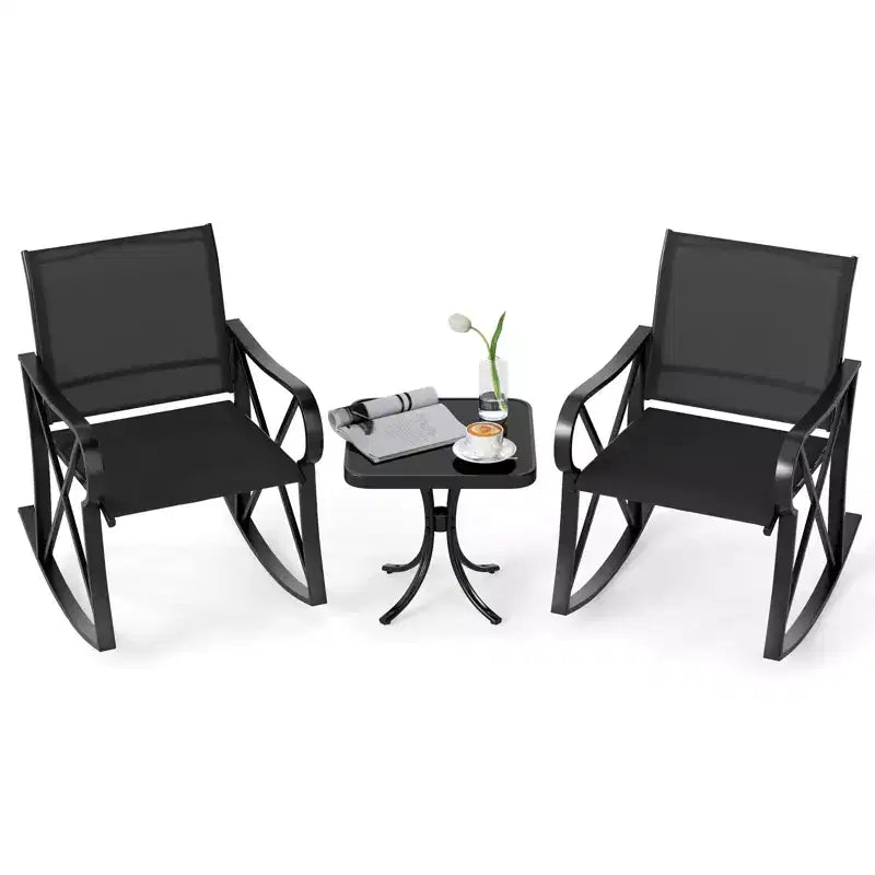 Costway 3 Piece Patio Rocking Set 2 Rocking Chairs w/ Tempered Glass Side Table