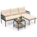 Costway 3-Piece L Shaped Patio Furniture Set w/Tempered Glass Table Back & Seat Cushions