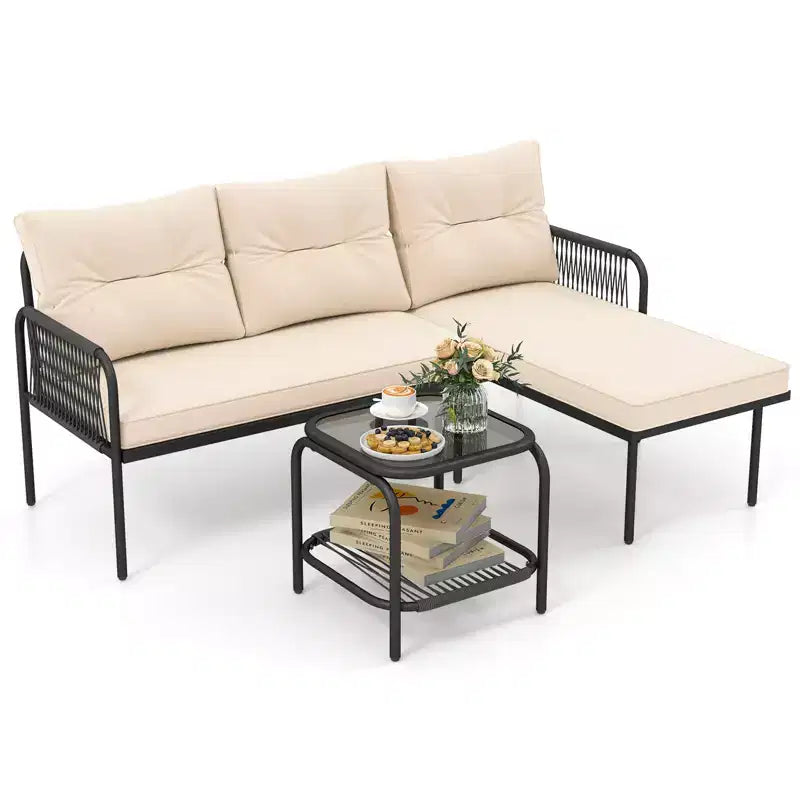 Costway 3-Piece L Shaped Patio Furniture Set w/Tempered Glass Table Back & Seat Cushions