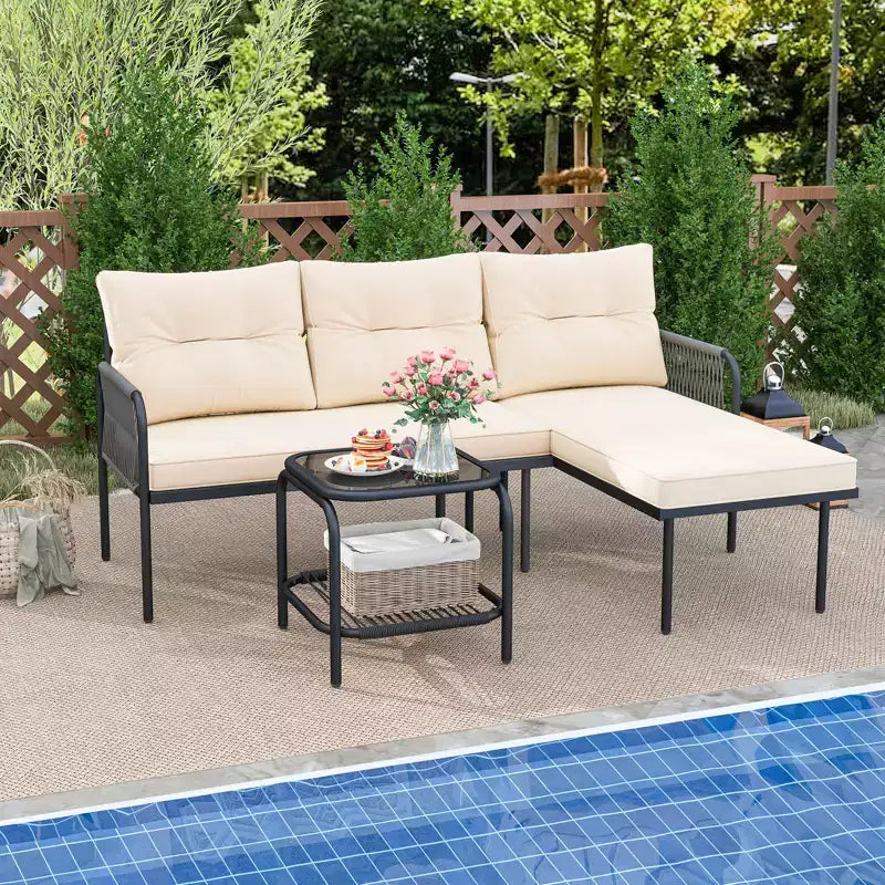 Costway Salon de jardin 3 pièces en L avec table en verre trempé et coussins de dossier et d'assise