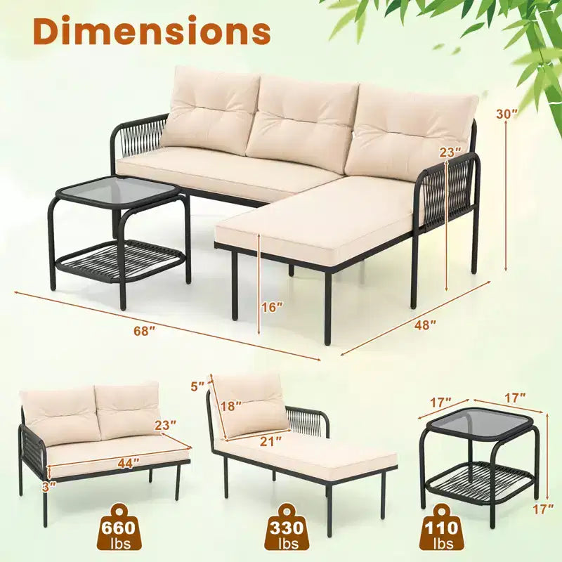 Costway Salon de jardin 3 pièces en L avec table en verre trempé et coussins de dossier et d'assise