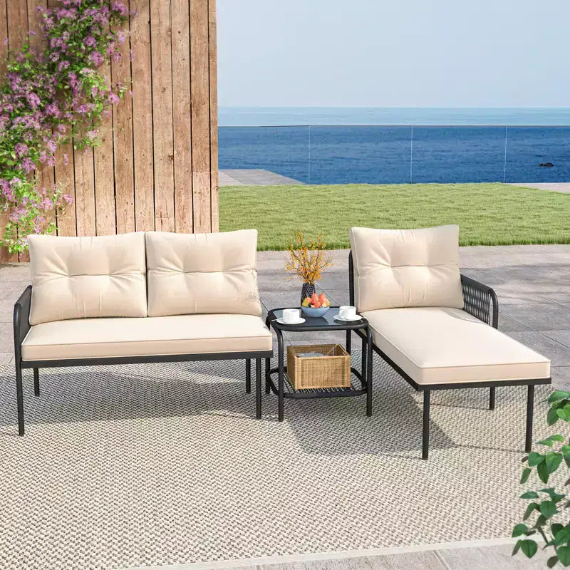 Costway Salon de jardin 3 pièces en L avec table en verre trempé et coussins de dossier et d'assise