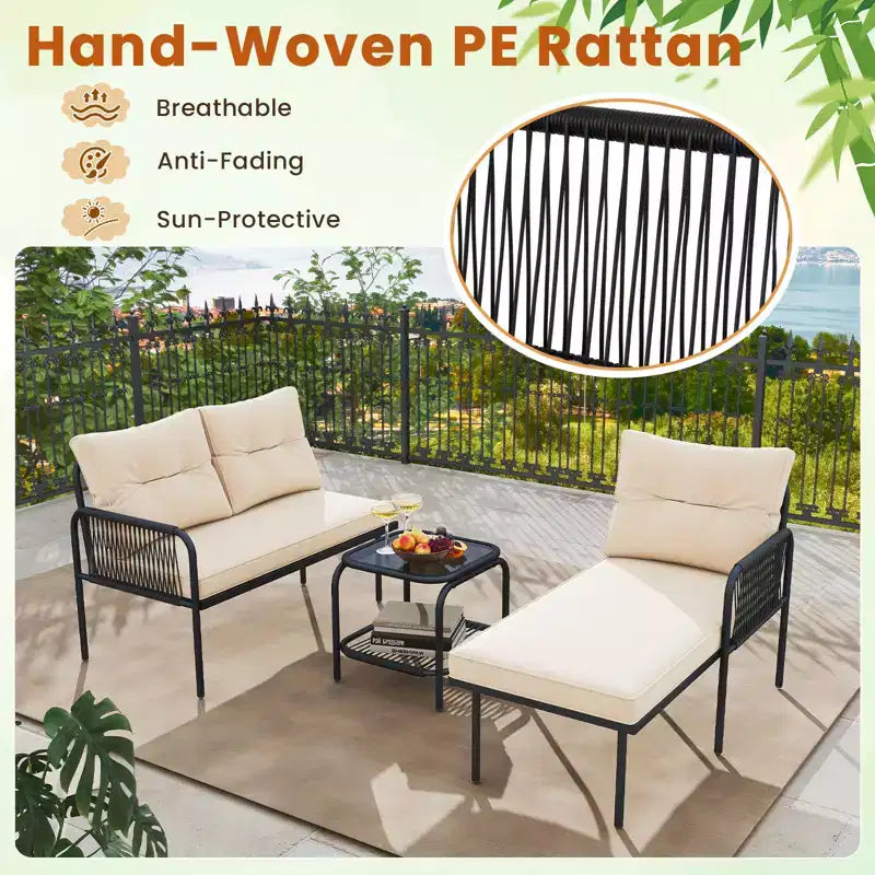 Costway Salon de jardin 3 pièces en L avec table en verre trempé et coussins de dossier et d'assise