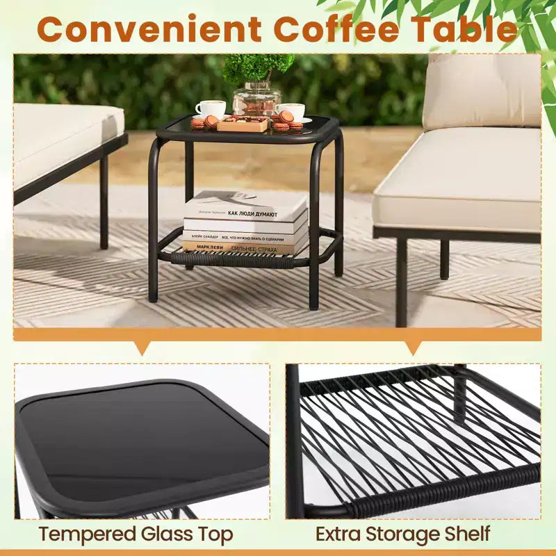 Costway Salon de jardin 3 pièces en L avec table en verre trempé et coussins de dossier et d'assise