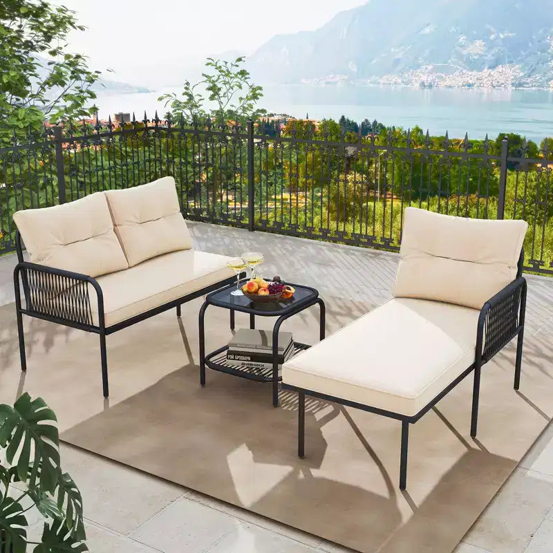 Costway Salon de jardin 3 pièces en L avec table en verre trempé et coussins de dossier et d'assise