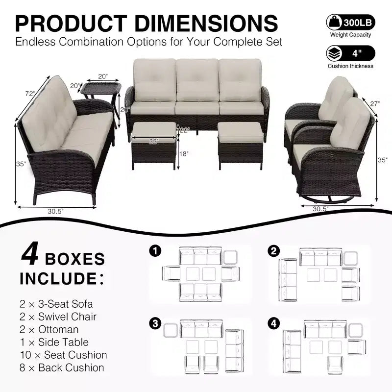 Ensemble de mobilier de jardin UPTIOT avec canapés, fauteuils pivotants, poufs et table d'appoint