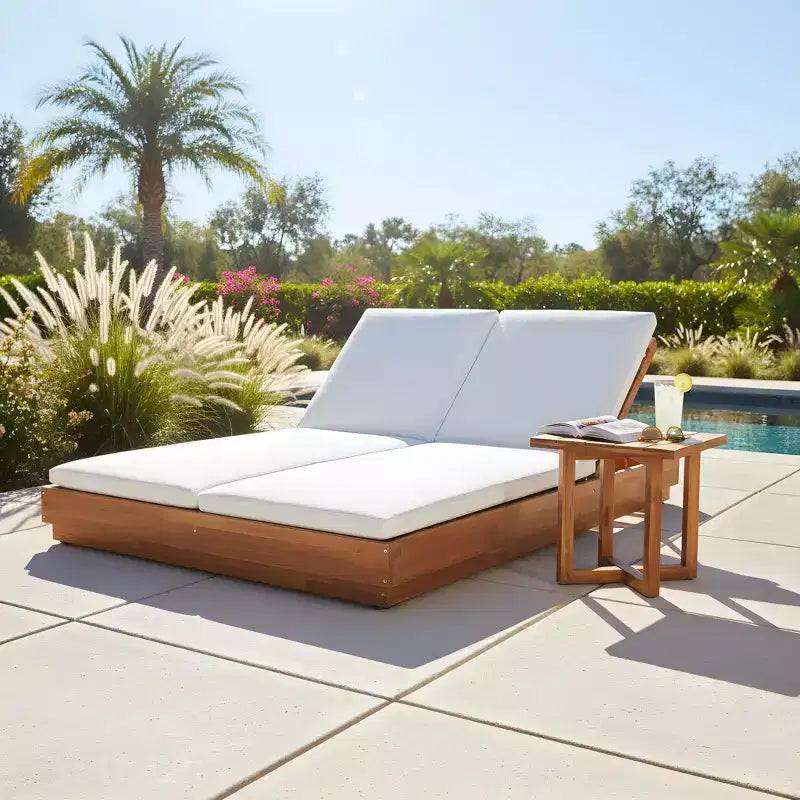 Christopher Knight Home Ming Modern Acacia Patio Double Sunlounge Set with Square Slatted End Table