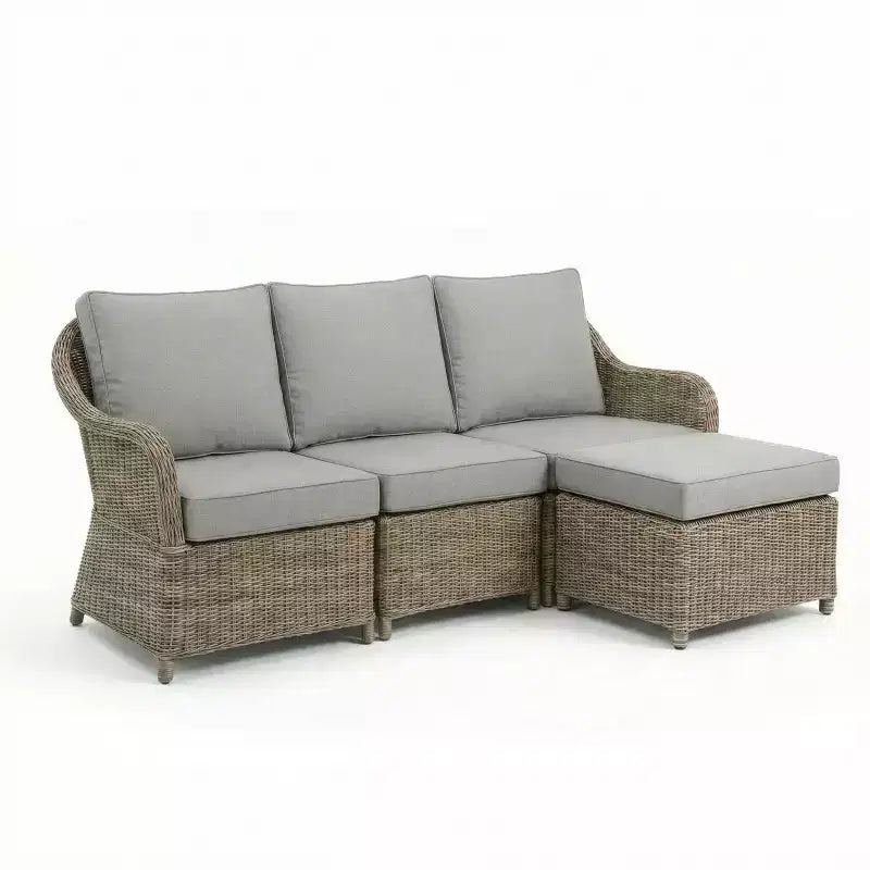 Martha Stewart Lily Pond Indoor-Outdoor Modular 3-Seat Patio Sofa with Ottoman in Weathered Gray Rattan Wicker with Gray All-Weather Cushions
