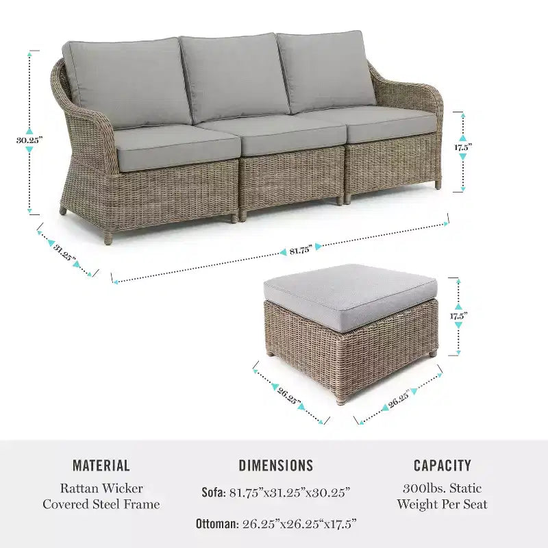 Canapé modulable 3 places d'intérieur-extérieur Martha Stewart Lily Pond avec pouf en osier tressé gris vieilli et coussins gris toutes saisons