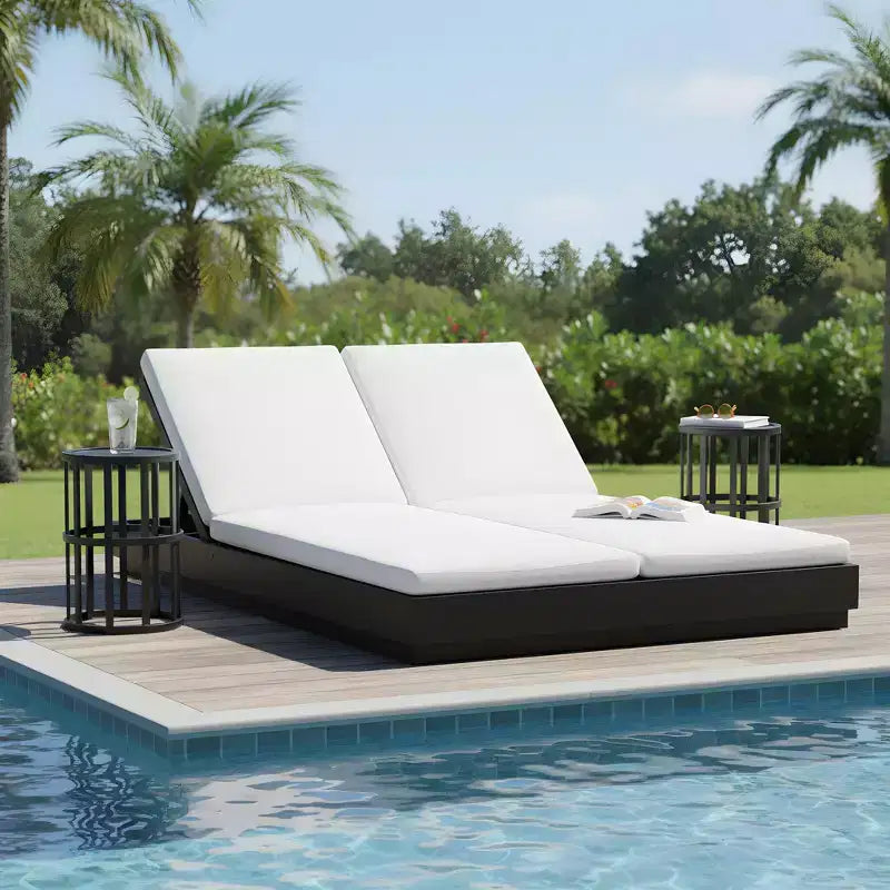 Christopher Knight Home Aditya Modern 3 Piece Acacia Patio Double Sunlounge with 5-Position Backrest and Table Set