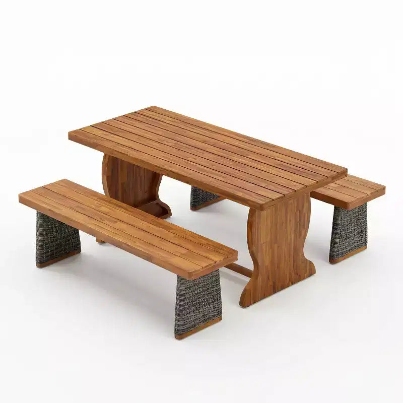 Christopher Knight Home Clara Ensemble de repas d'extérieur 3 pièces en acacia rustique avec bancs en rotin
