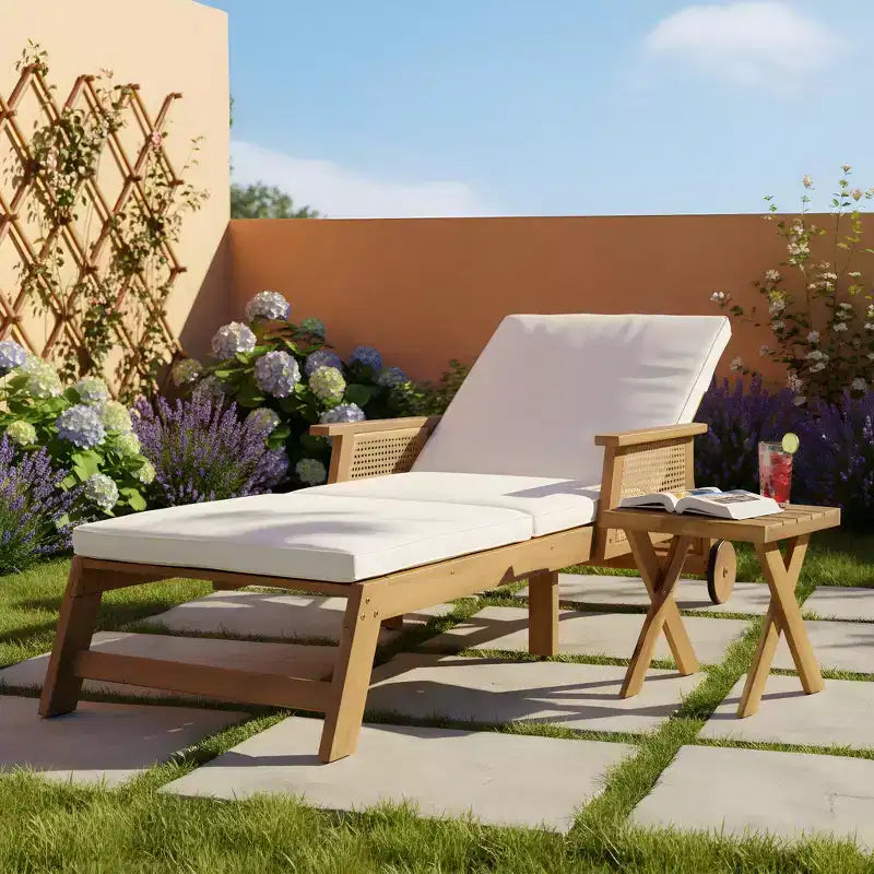 Christopher Knight Home Briar 2 Piece Patio Acacia Wood Rattan Sunlounge with 2 Wheels and Slatted Side Table