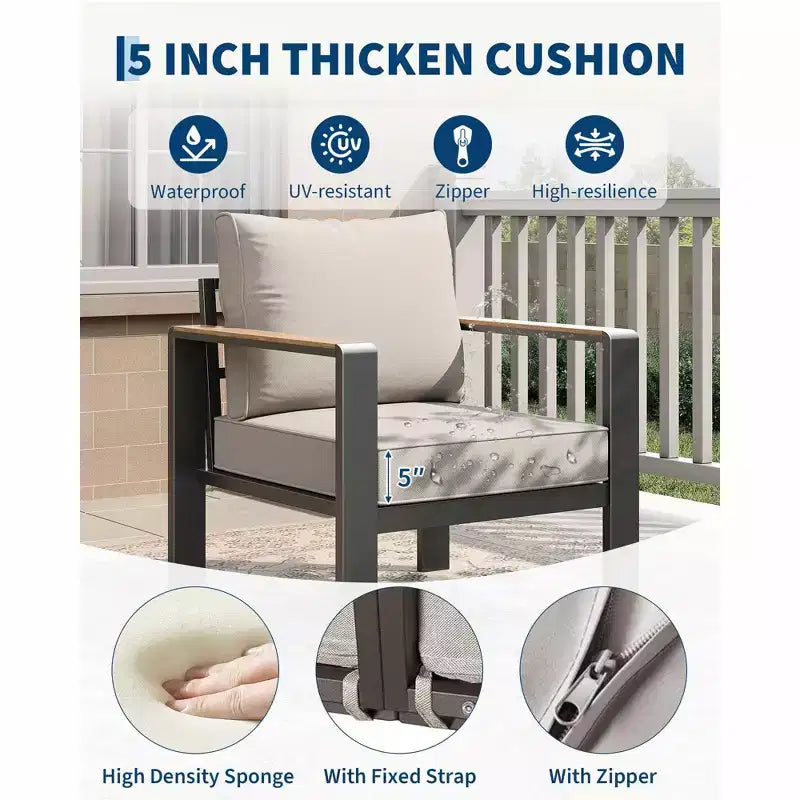Ensemble de meubles de patio extérieur en aluminium, ensemble sectionnel de conversation 5 pièces avec coussins épais lavables et table basse, sièges extérieurs modernes pour porche