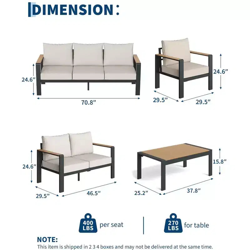 Ensemble de meubles de patio extérieur en aluminium, ensemble sectionnel de conversation 5 pièces avec coussins épais lavables et table basse, sièges extérieurs modernes pour porche