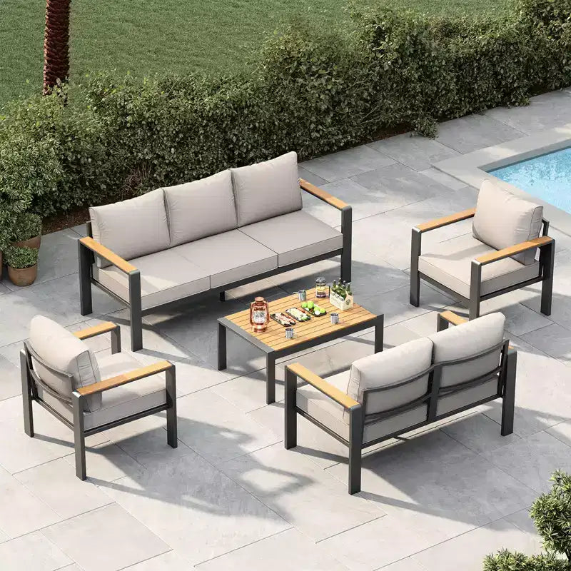 Ensemble de meubles de patio extérieur en aluminium, ensemble sectionnel de conversation 5 pièces avec coussins épais lavables et table basse, sièges extérieurs modernes pour porche