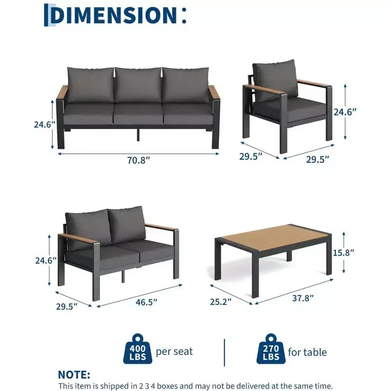 Ensemble de meubles de patio extérieur en aluminium, ensemble sectionnel de conversation 5 pièces avec coussins épais lavables et table basse, sièges extérieurs modernes pour porche