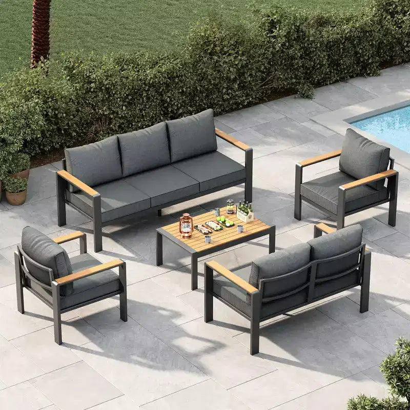 Ensemble de meubles de patio extérieur en aluminium, ensemble sectionnel de conversation 5 pièces avec coussins épais lavables et table basse, sièges extérieurs modernes pour porche