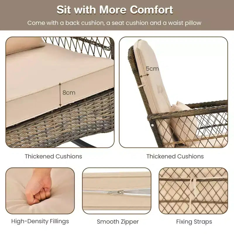 Ensemble de 3 chaises à bascule et table basse en osier d'extérieur - Chaise à bascule confortable, meubles d'extérieur durables pour l'arrière-cour, la pelouse et les ensembles de canapés de patio
