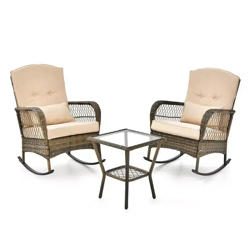 Ensemble de 3 chaises à bascule et table basse en osier d'extérieur - Chaise à bascule confortable, meubles d'extérieur durables pour l'arrière-cour, la pelouse et les ensembles de canapés de patio
